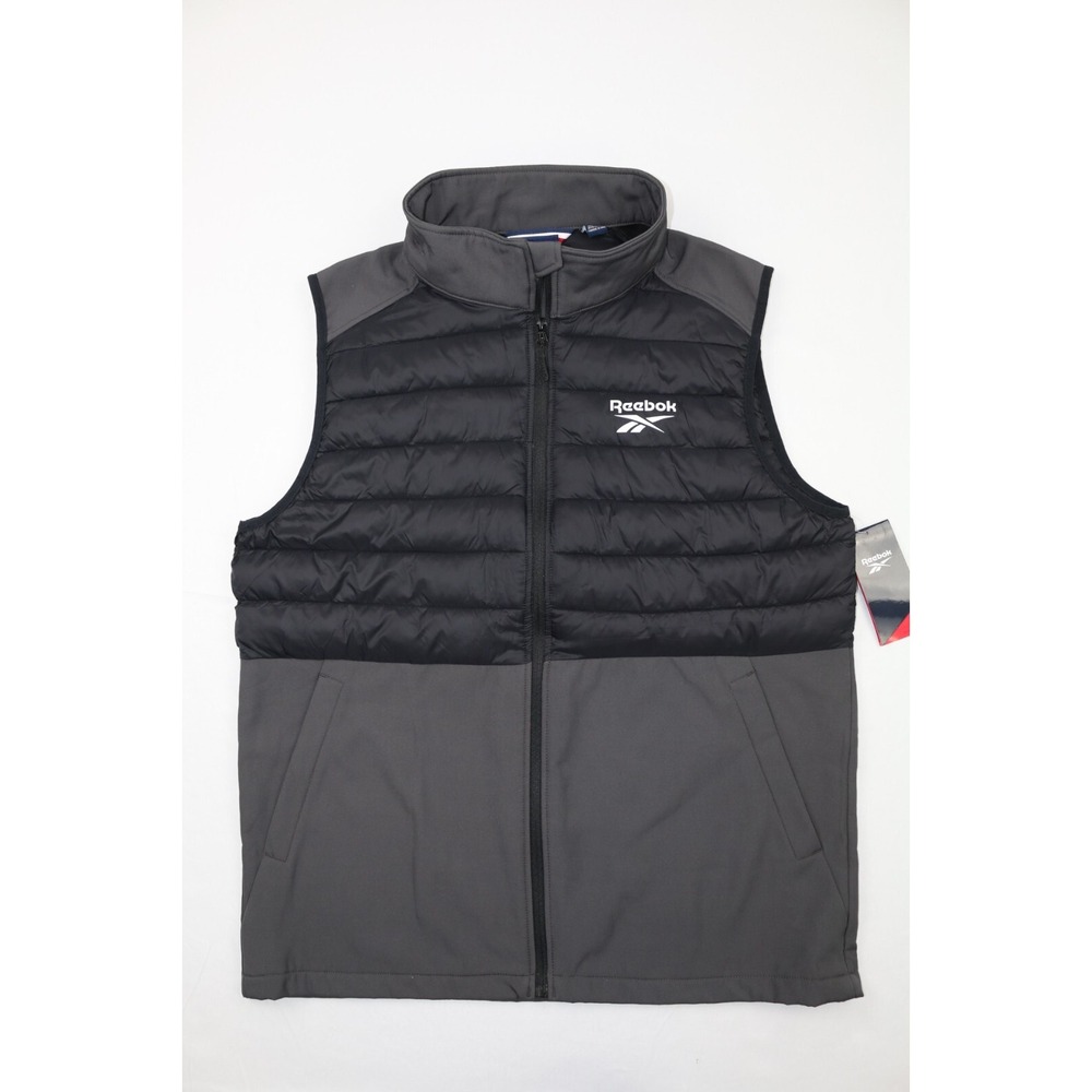 Reebok Mens Mixed Media Quilted Vest Charcoal Black L Full Zip Embroidered